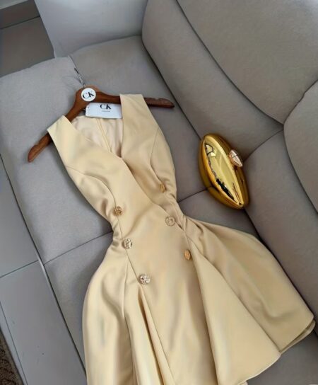 Nouvelle Robe Femme Vintage Élégante à Col en V Sans Manches Double Boutonnage Coupe A